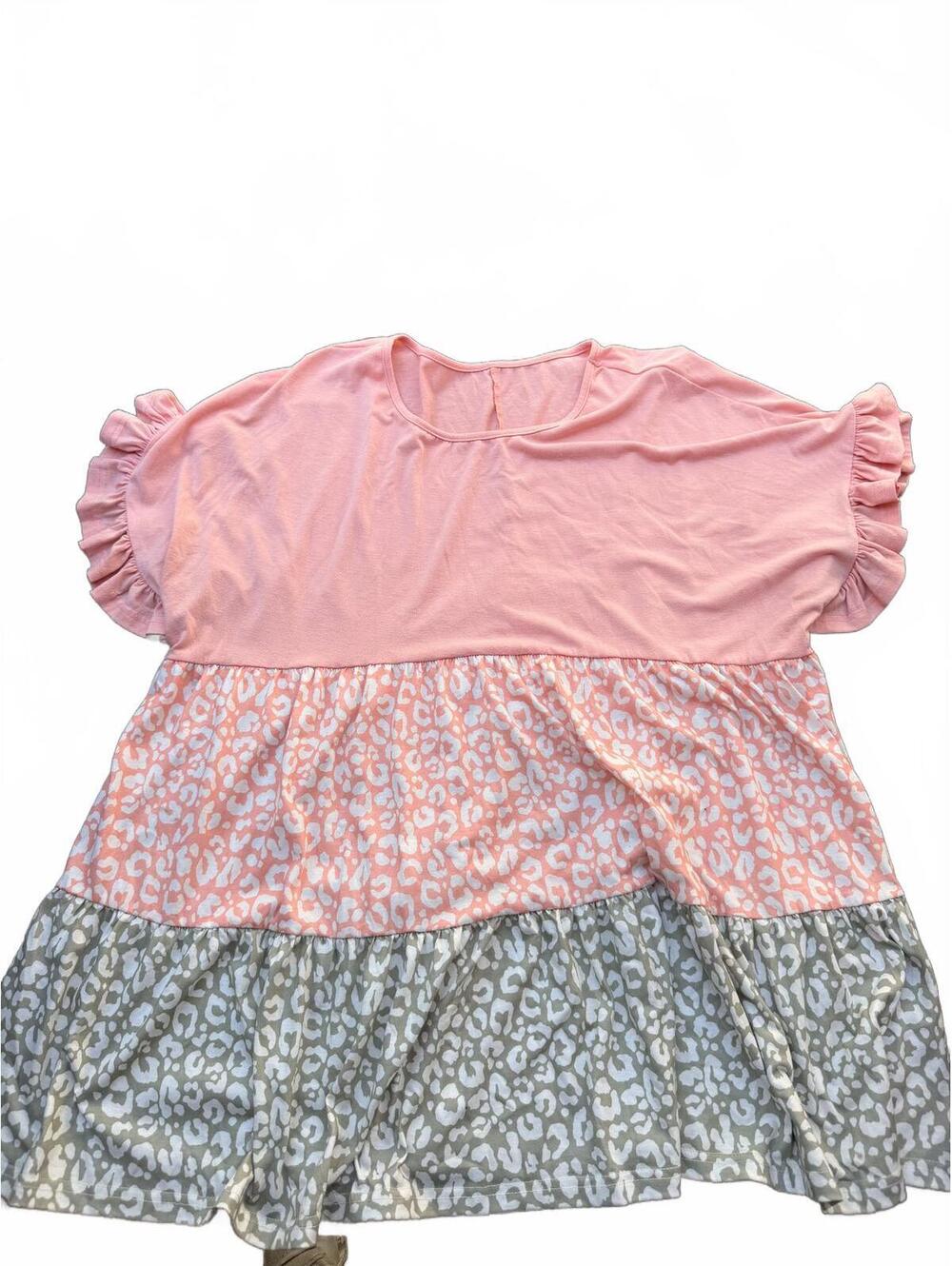 Women's Pink and Grey Tiered Leopard Print Blouse with Ruffle Sleeves, Size XL